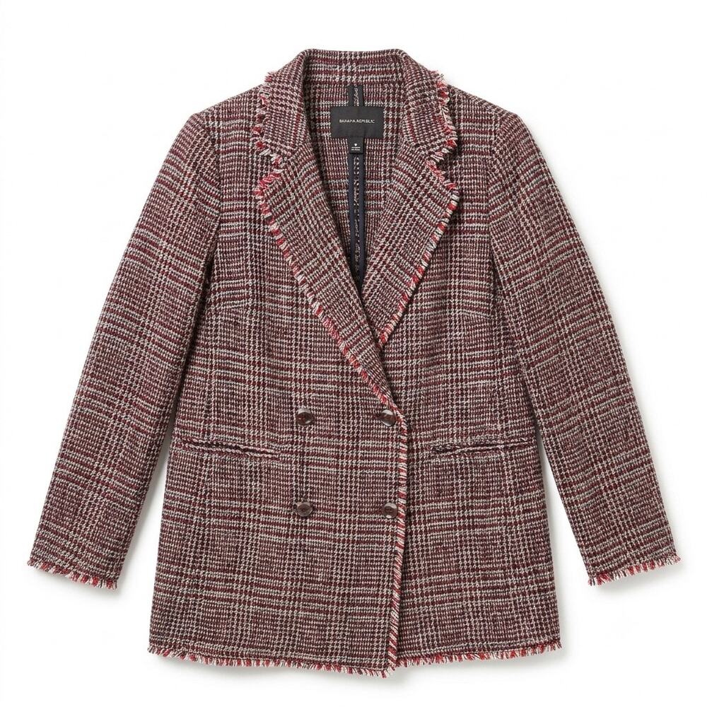 Banana Republic Boucle Long Jacket Black Red Fringe Trim Open Front Womens 10